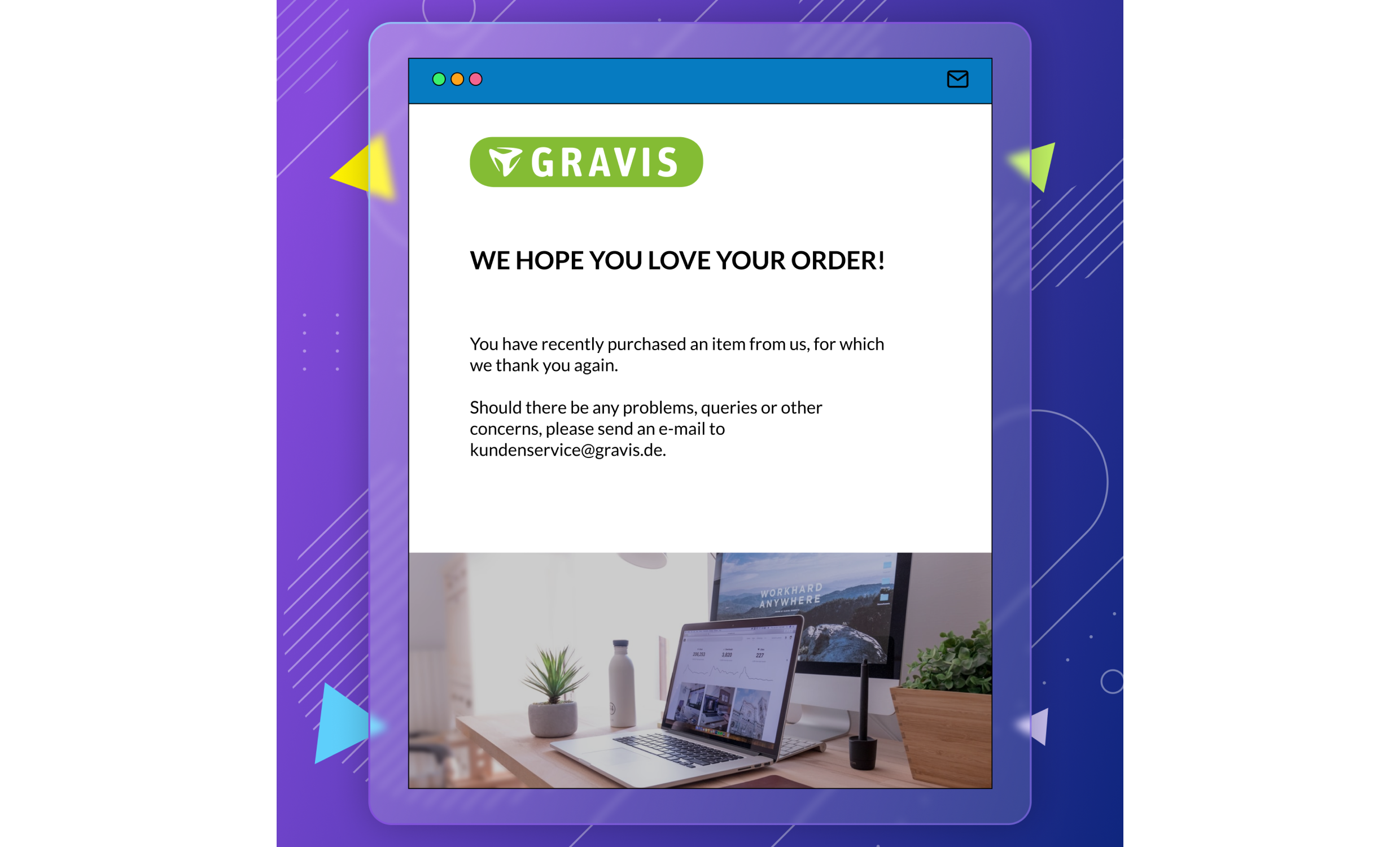 Post-purchase email notification from Gravis