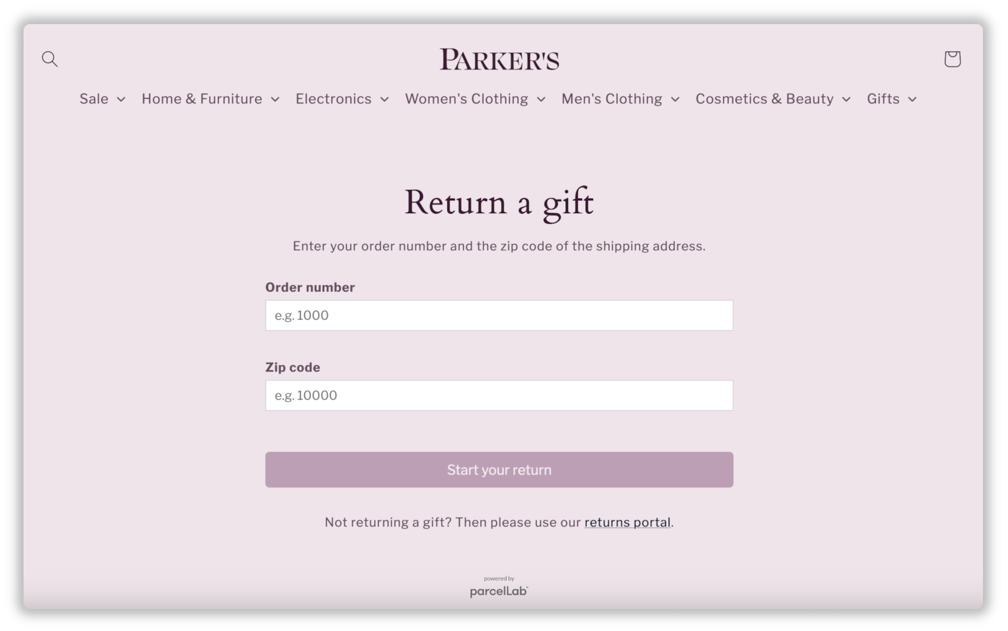Shopify Store - gift return log in screen