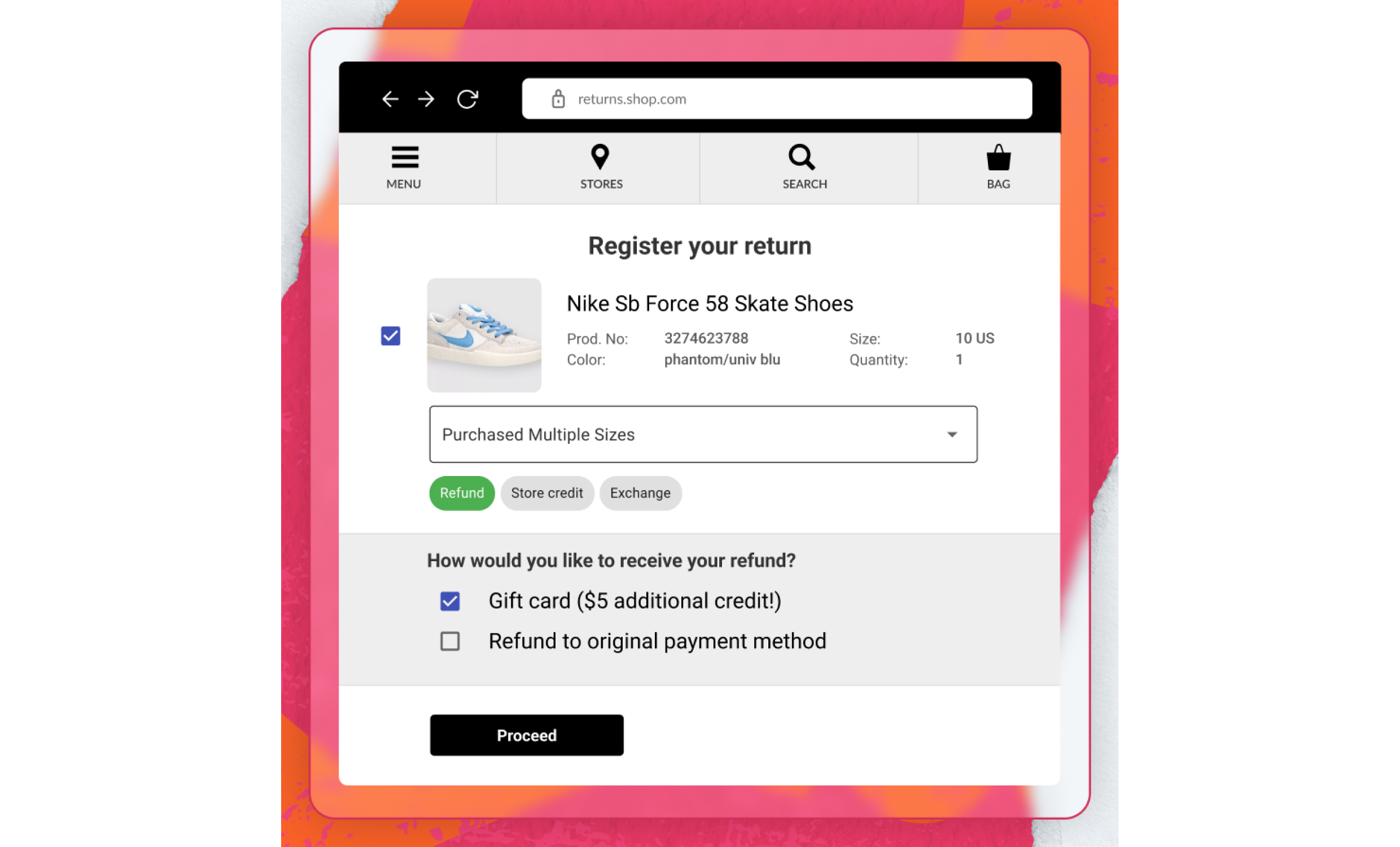 Self-service return portal with voucher + $5 add on.