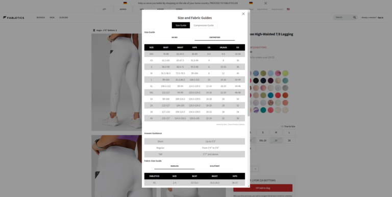 fabletics size and fabric guides