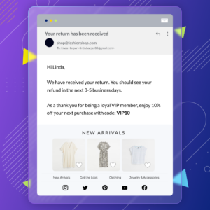 A returns communication email that lets the VIP shopper know their return has been received and offers a discount code for next purchase.
