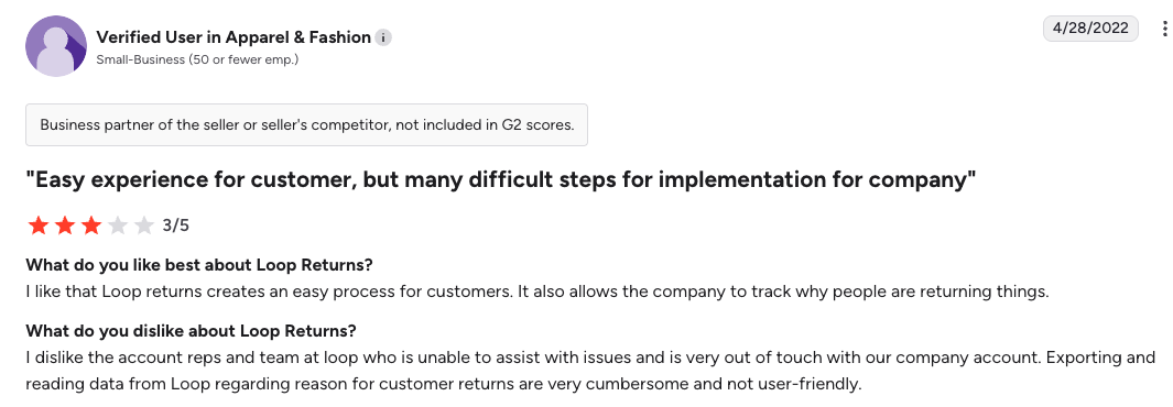 Loop returns review on G2 about accessing data