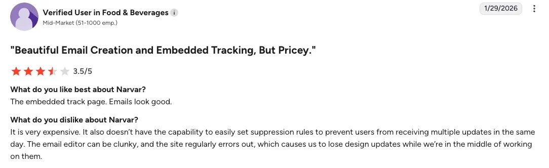 Narvar customer review on G2