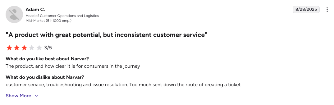 narvar customer review about customer service