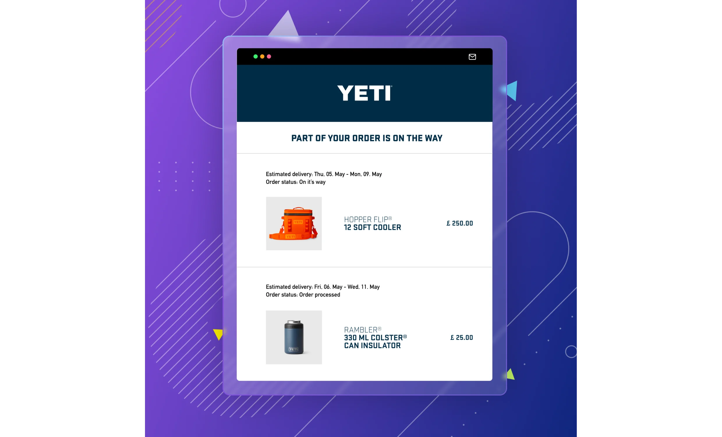 Yeti split-shipment email