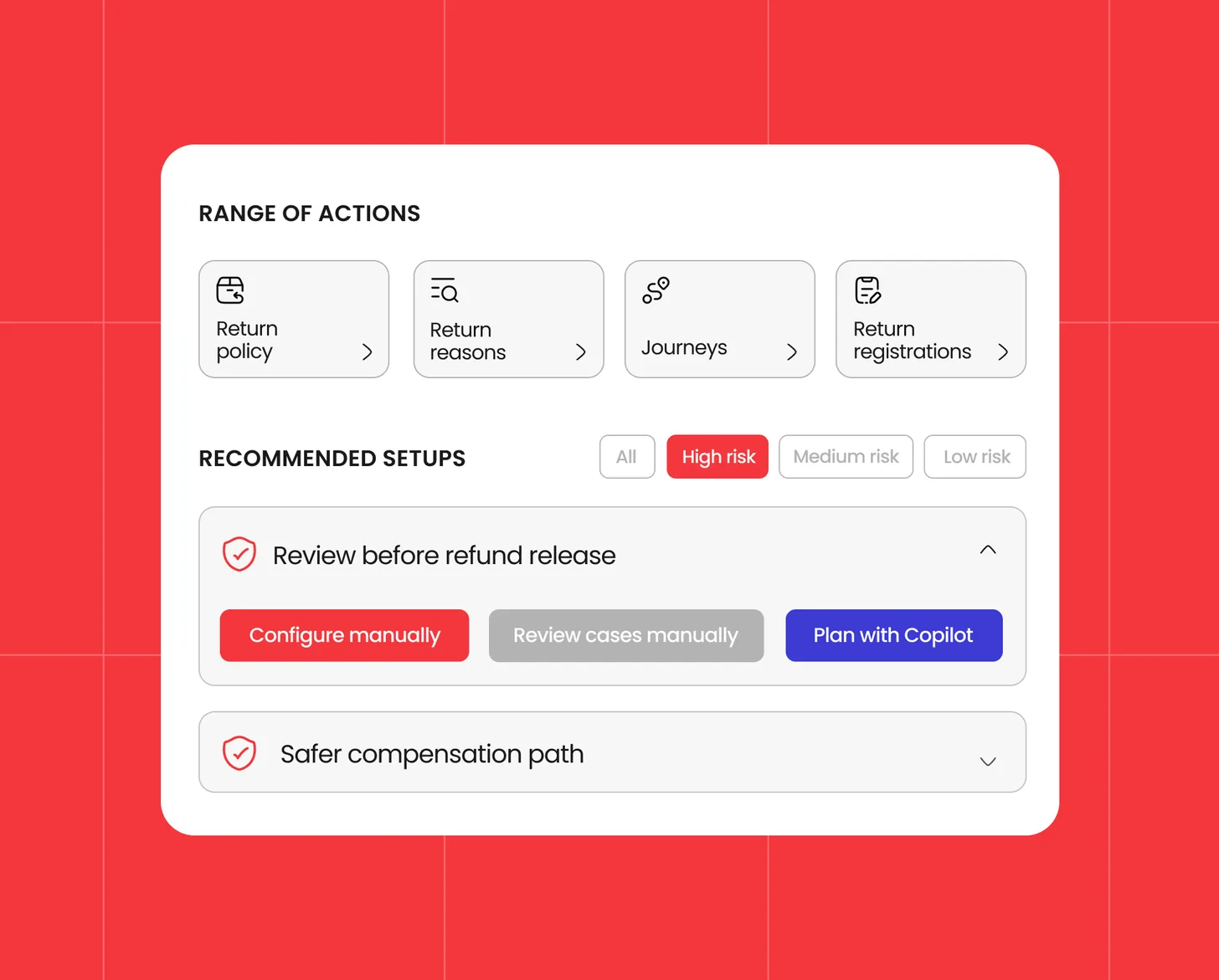 parcelLab's range of return actions and recommended setups, including review before refund release and Plan with Copilot