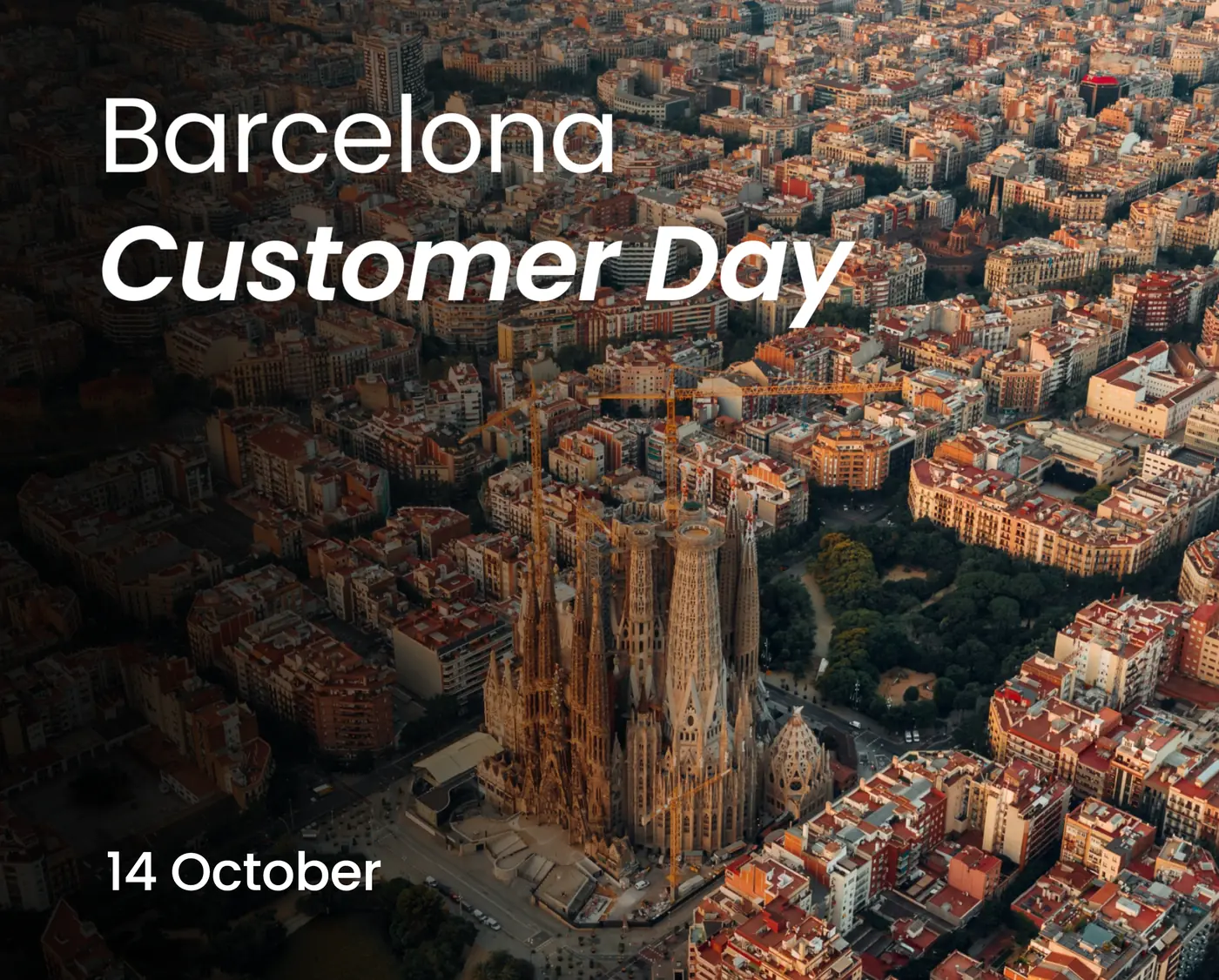 parcelLab Barcelona Customer Day, 14 October, aerial view of Barcelona with the Sagrada Familia at sunset